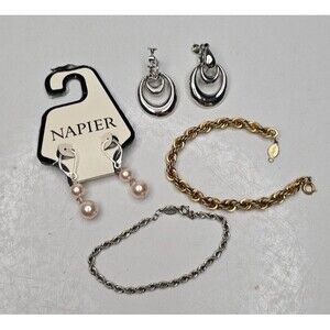 Lot of 4 Napier Jewelry Pieces - 2 Bracelets, 2 Earrings (Pierced, Clip-On)